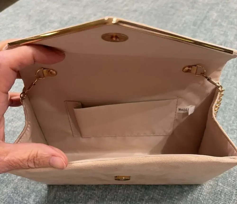 Blush Pink Faux Suede Envelope Clutch with Gold Tone Chain